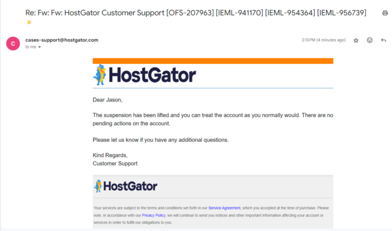 Hostgator lifted my suspension