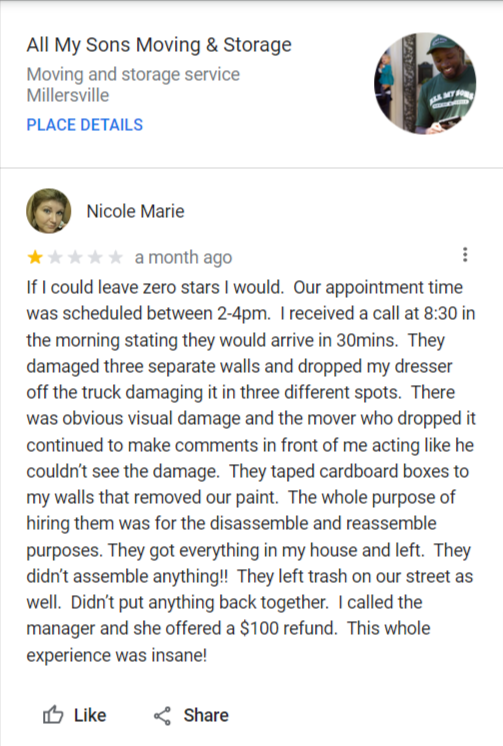 Nicole Marie Carter All My Sons Moving & Storage Google review