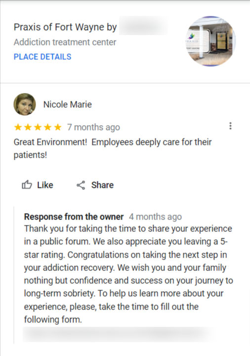 Nicole Marie Carter Praxis of Fort Wayne by Landmark Recovery Google review