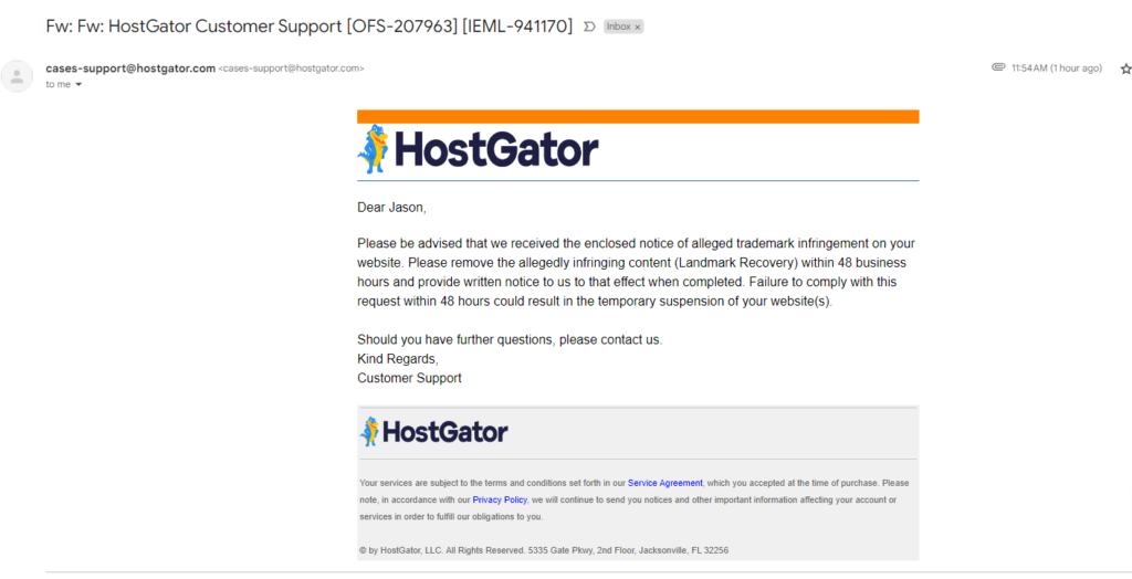 Alleged Trademark Infringement Email