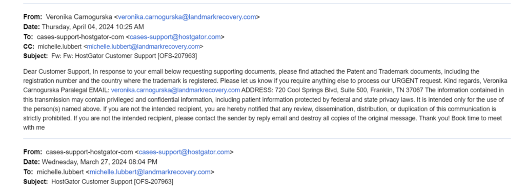 Veronika Carnogurska files Trademark Infringement Complaint to Landmark Recovery Sucks