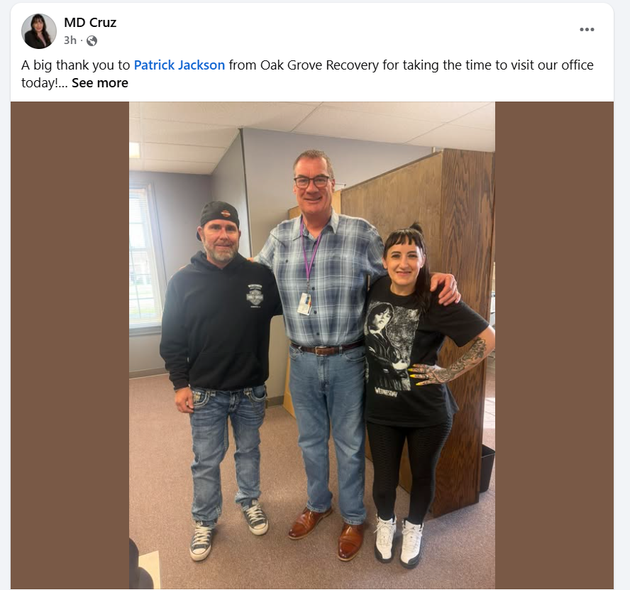 MD Cruz Facebook post showing Patrick Jackson from Oak Grove Recovery