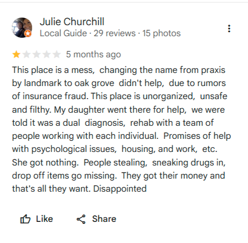 Oak Grove Recovery Negative Google Review